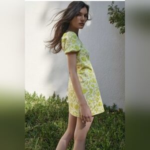 ZARA Neon Green Lime Floral Leaf Jacquard Knit Puff Sleeve Mini Dress A Line